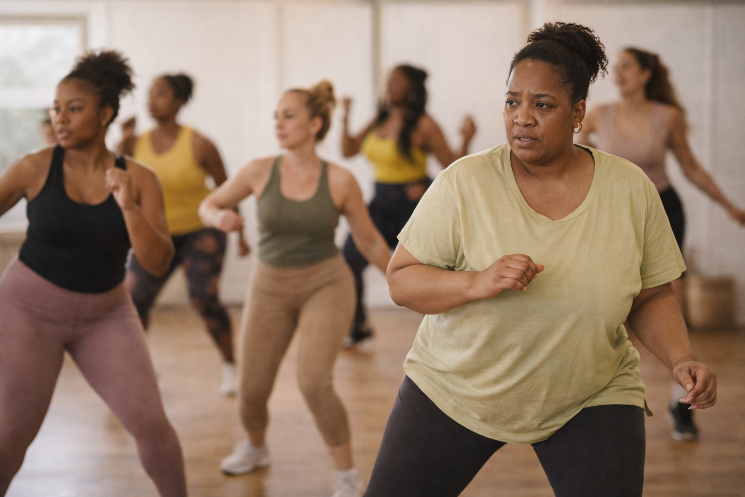 fast-paced group dance fitness class in a studio. one woman moves more cautiously.
