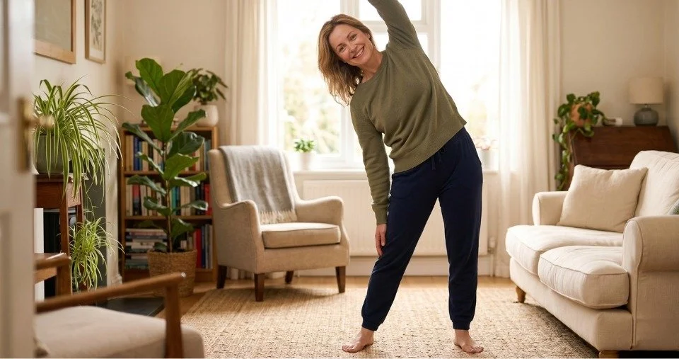 A woman in her 40s smiling and doing a gentle standing stretch in a cozy, sunlit living room. She is wearing comfortable, unrestrictive clothing.