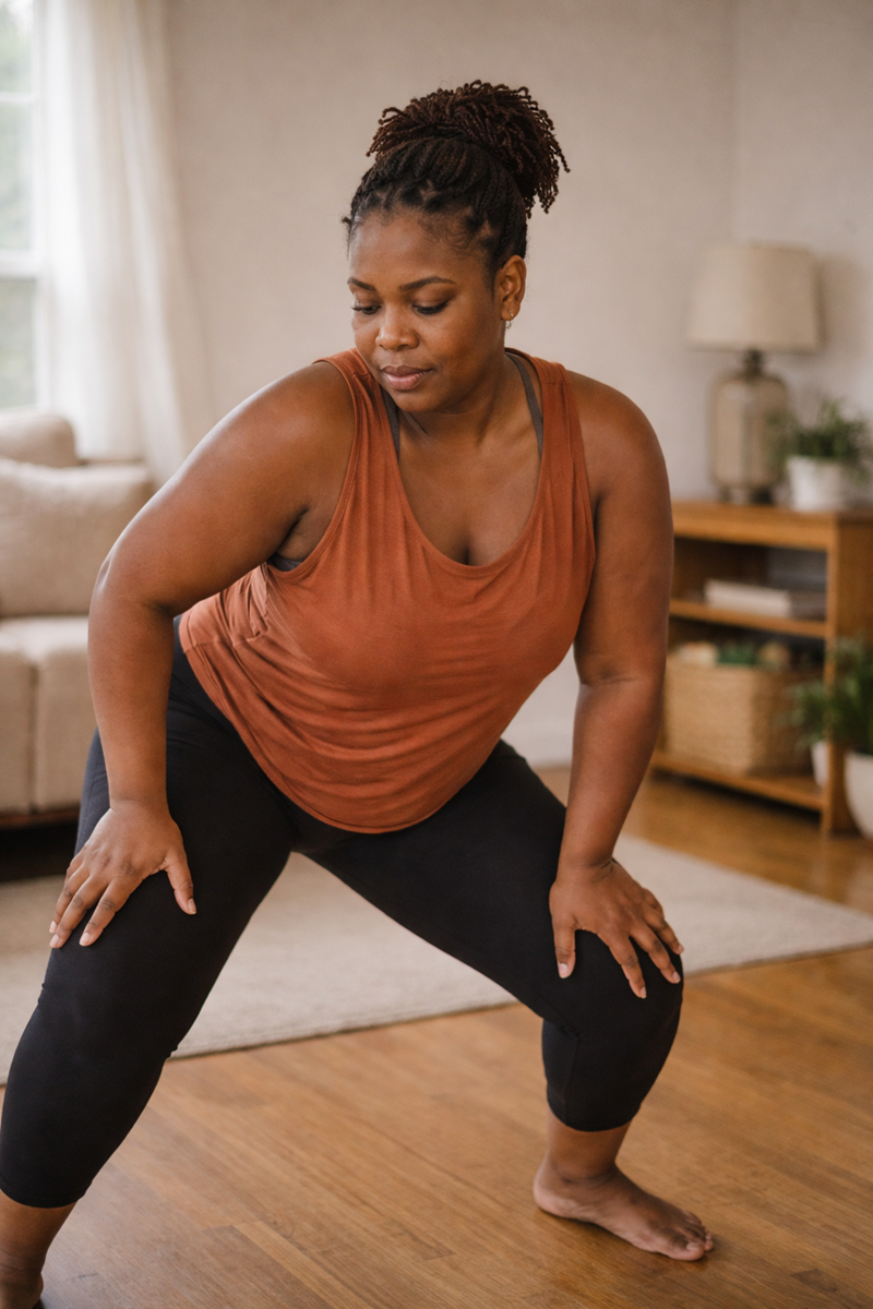 a woman practicing a Dancehall move slowly, grounded, with visible stability and intention.