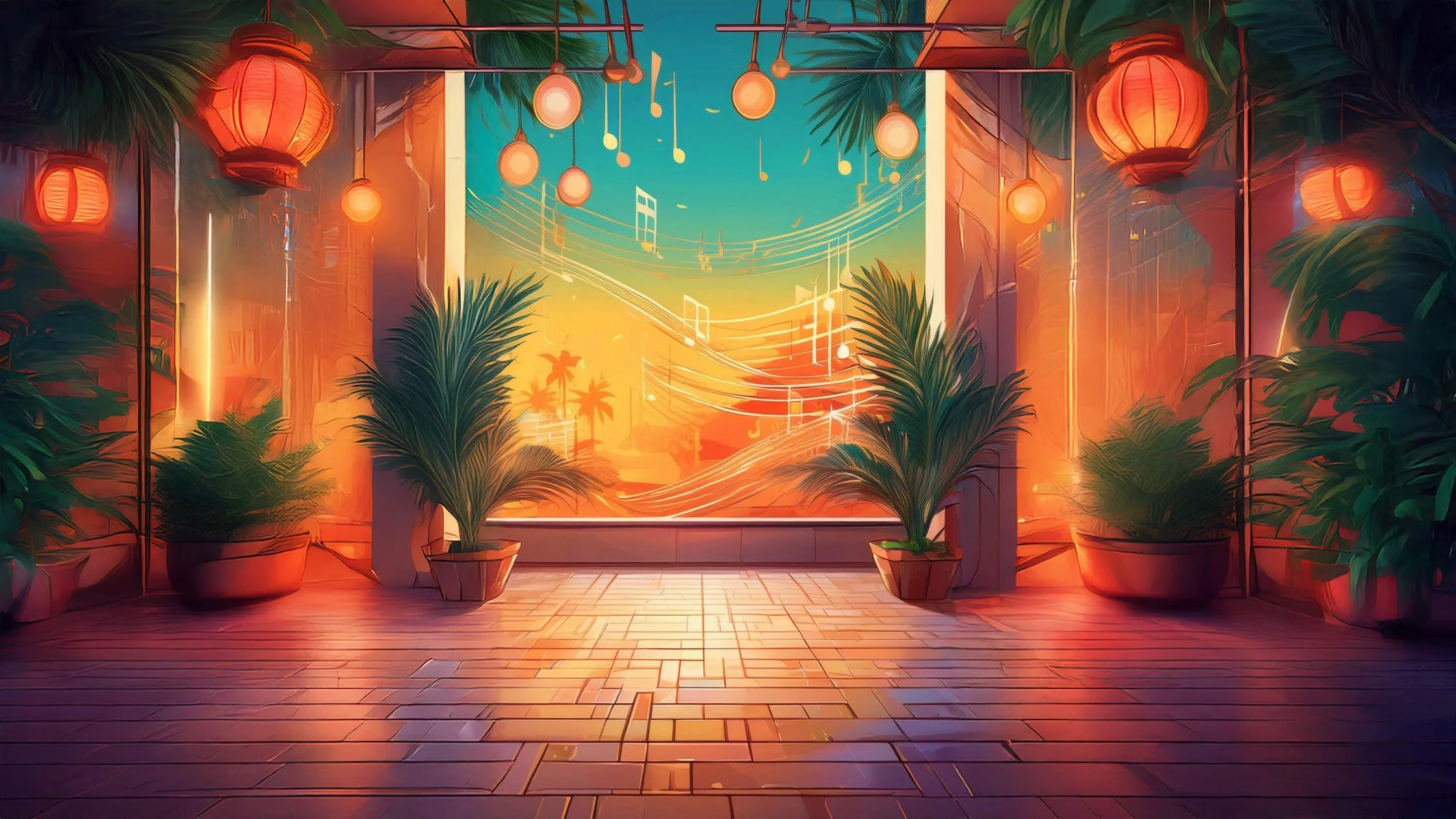 vibrant and colorful room with plants, lights, and musical notes filling the air.