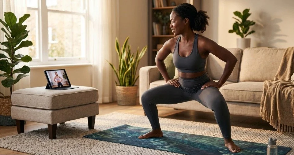 A woman looking relaxed and confident while following a fitness routine on her tablet at home. She is doing a very shallow, controlled bend, looking supported and balanced.