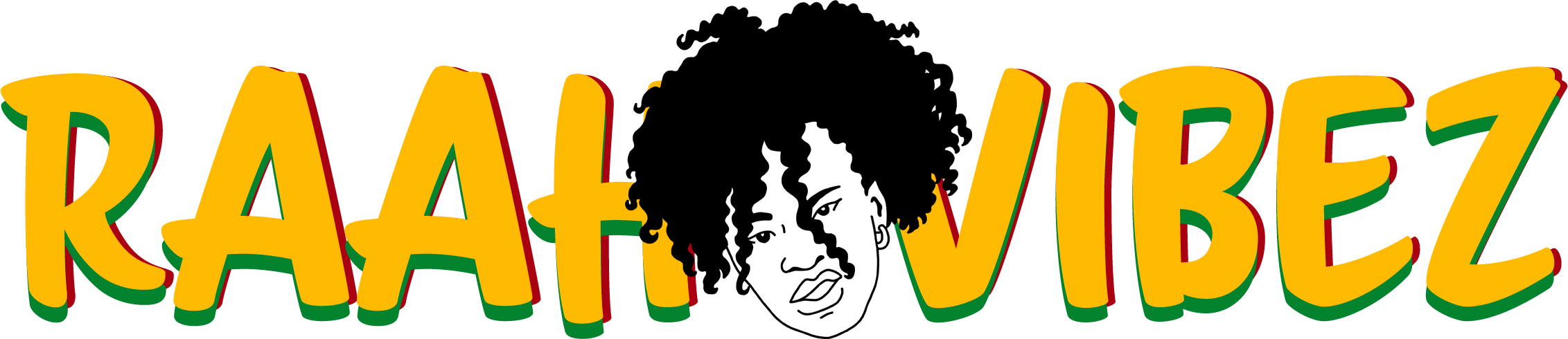 Colorful text that says 'RAAH VIBEZ' with a cartoon black and white illustration of a woman with curly hair in the center.