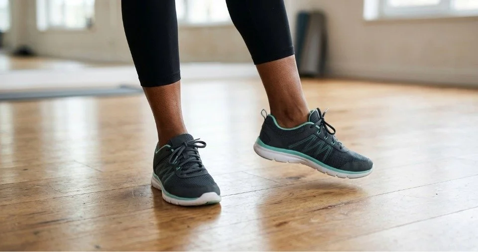 A close-up of a woman's legs and feet in sneakers, doing a simple side-step motion on a wooden floor, emphasizing low-impact warm-up movements.
