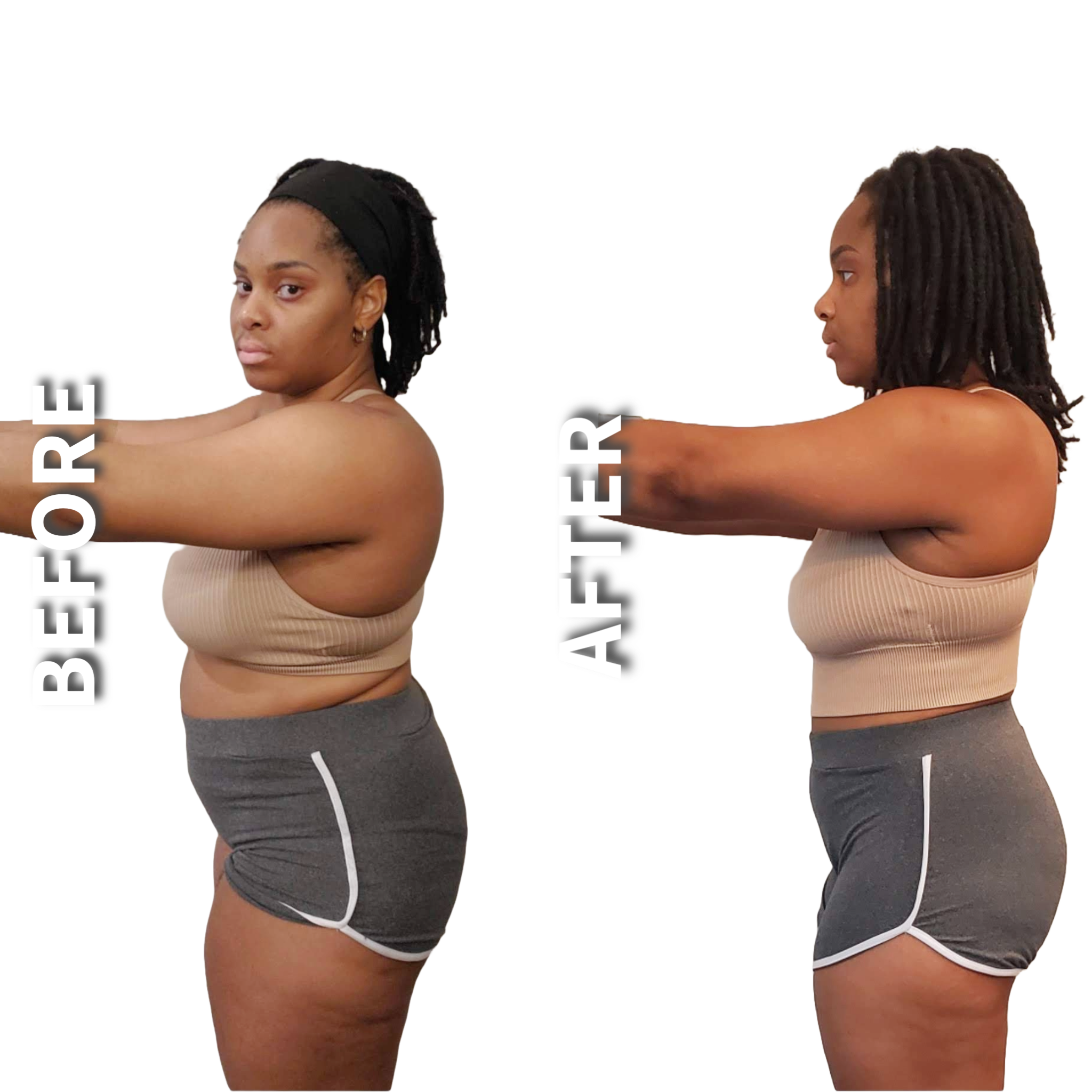 Before and after transformation of a woman's side profile in workout attire, showcasing weight loss or fitness progress