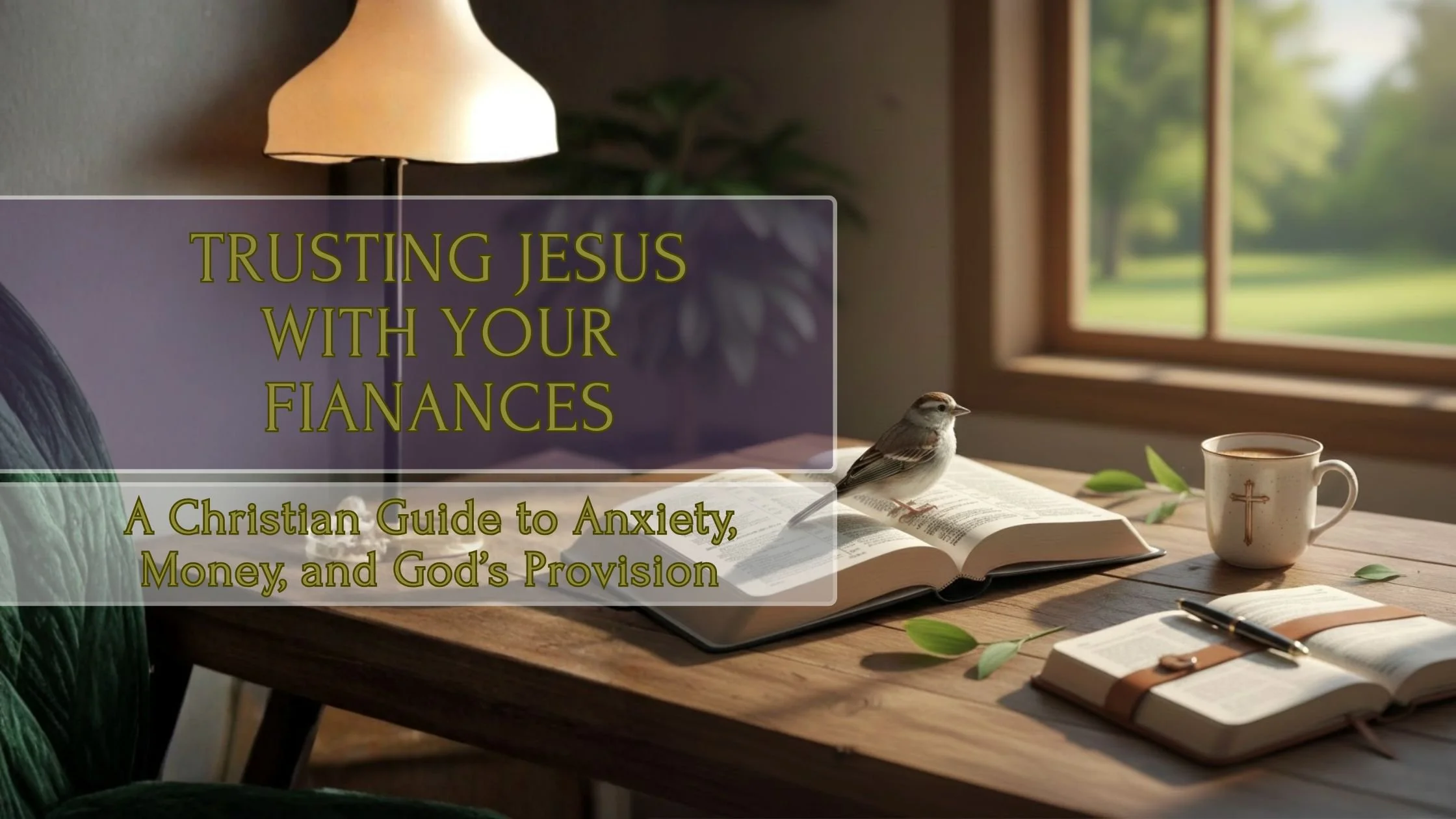 Open Bible with a sparrow, reminding clients and readers that God is the ultimate provider - blog heading - Trusting Jesus with your finances, a Christian guide to anxiety, money, and God's provision