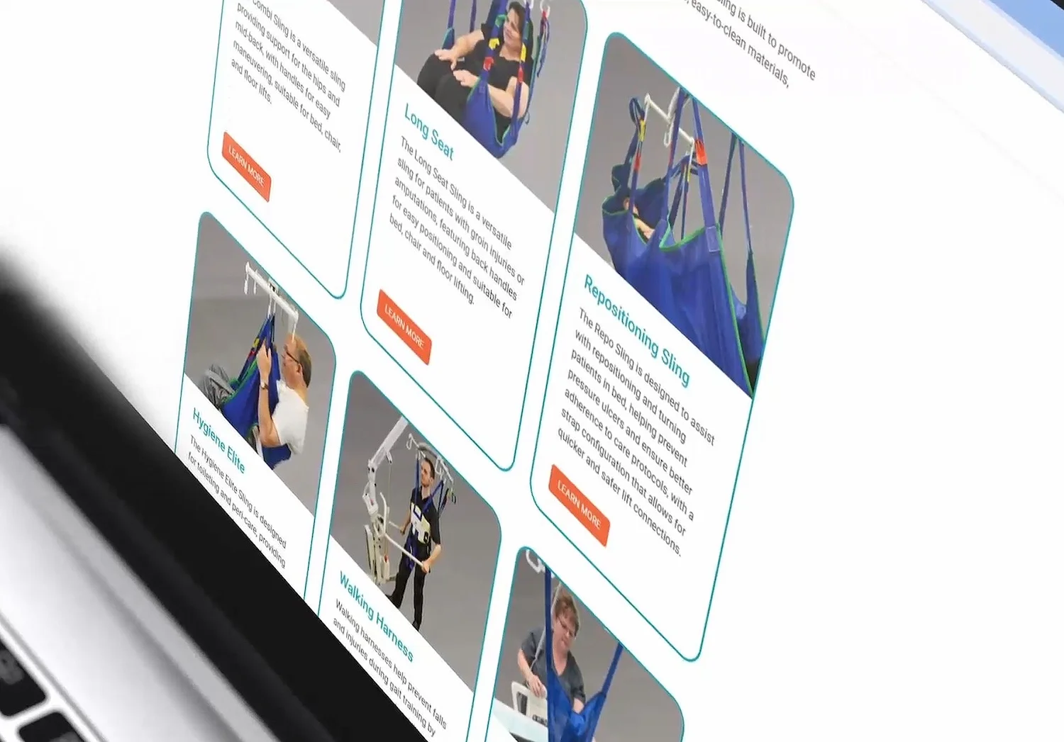 Website displaying a layout of various medical assistive equipments, including slings, harnesses, turners and lifts. Each product displays an orange 'Learn More' button underneath.