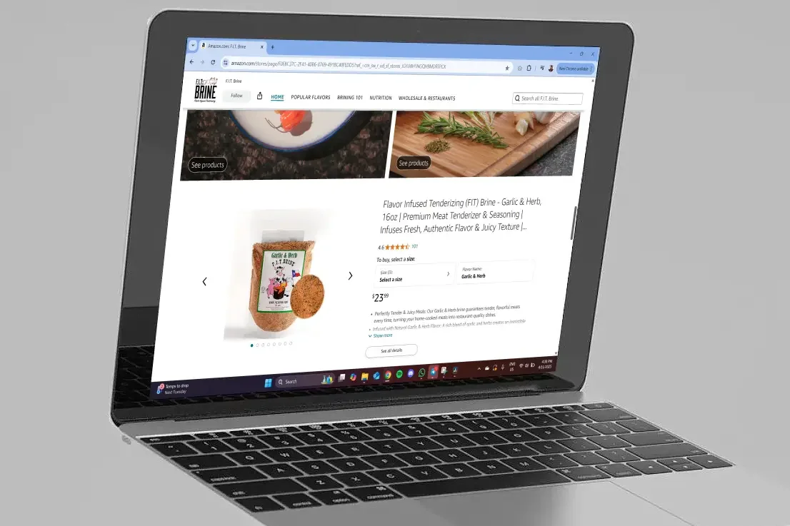 Laptop displaying an optimized Amazon ecommerce storefront featuring the popular garlic and herb flavor upon checkout.