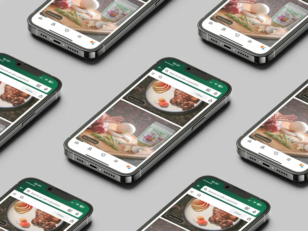Multiple smartphones displaying an Amazon ecommerce storefront for food products. Various food images of meat, bbq spices and green herbs with a web search page.