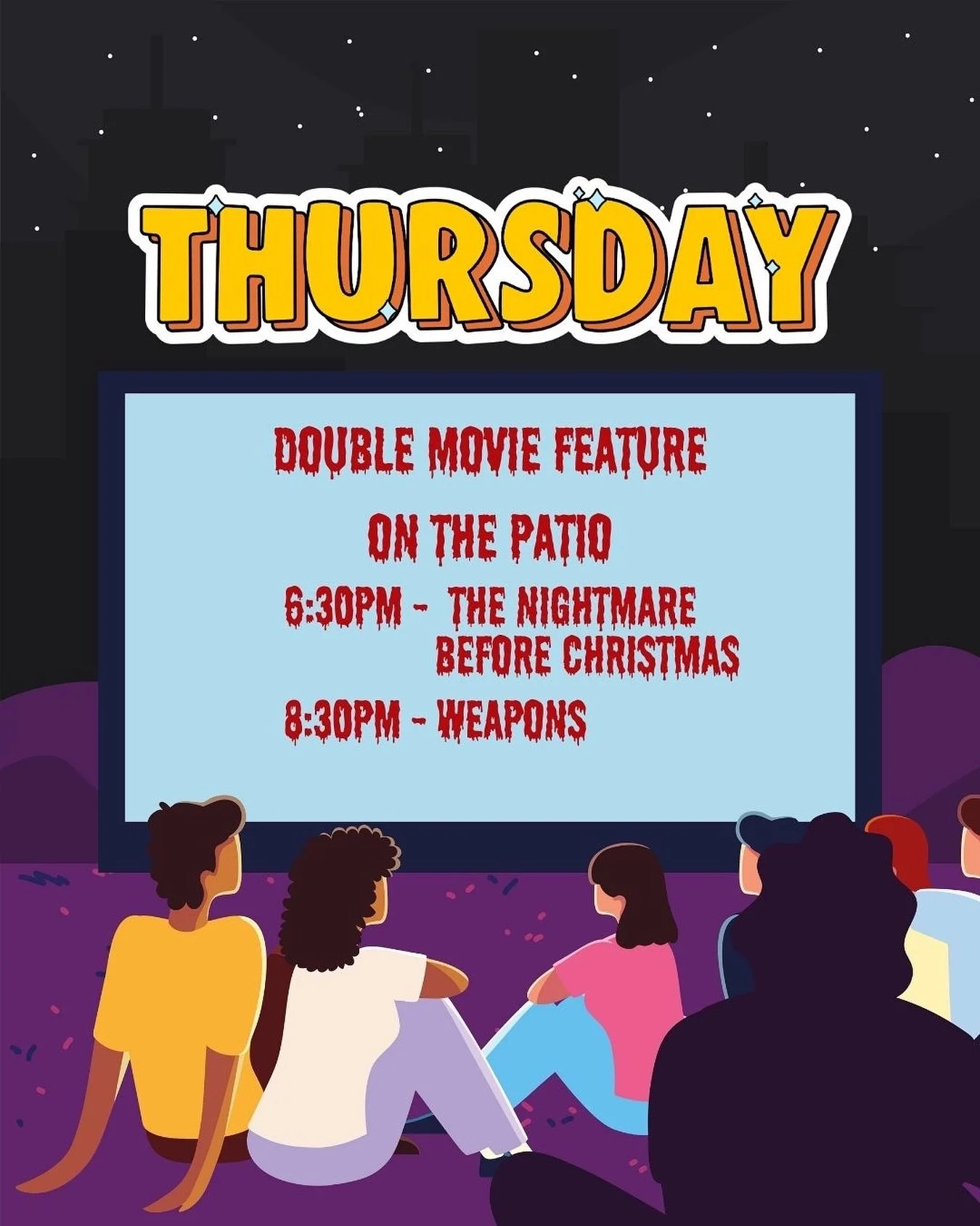 This Thursday we will have a double feature on the patio! Join us at 6:30PM for Nightmare Before Christmas and at 8:30PM for Weapons! Popcorn and candy will be provided! RSVP link in bio!
#nightmarebeforechristmas #weapons #movienight #doublefeature