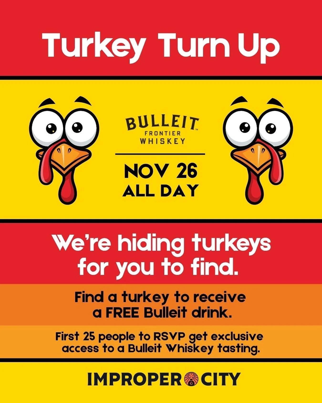Join us on November 26th for a little Turkey Turn Up! We will be hiding rubber turkeys around the bar for you to find. These rubber turkeys will get you FREE @bulleit drinks at the bar! We also have 25 spots for an exclusive Bulleit tasting so be sur