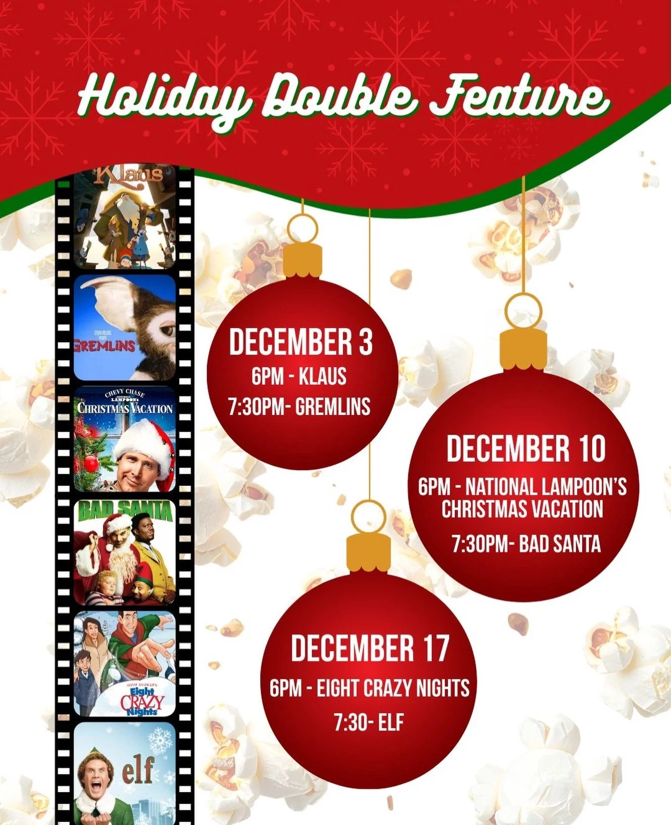 Join us on Wednesdays for a double feature of classic holiday movies! Starting tonight, come enjoy two great films back-to-back! The first movie kicks off at 6:00PM and the second showing starts at 7:30 PM. Both movies will be shown on the big screen