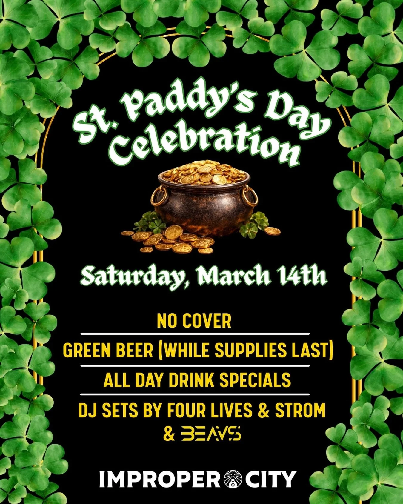 Green beer &amp; good times! Join us Saturday, March 14th for an all day St. Paddy&rsquo;s celebration. @beavsofficial is playing from noon until 4PM followed by @fourlivesmusic and @strom.us from 4PM until 8PM!

@bohemianwurst and @muylocotacos will