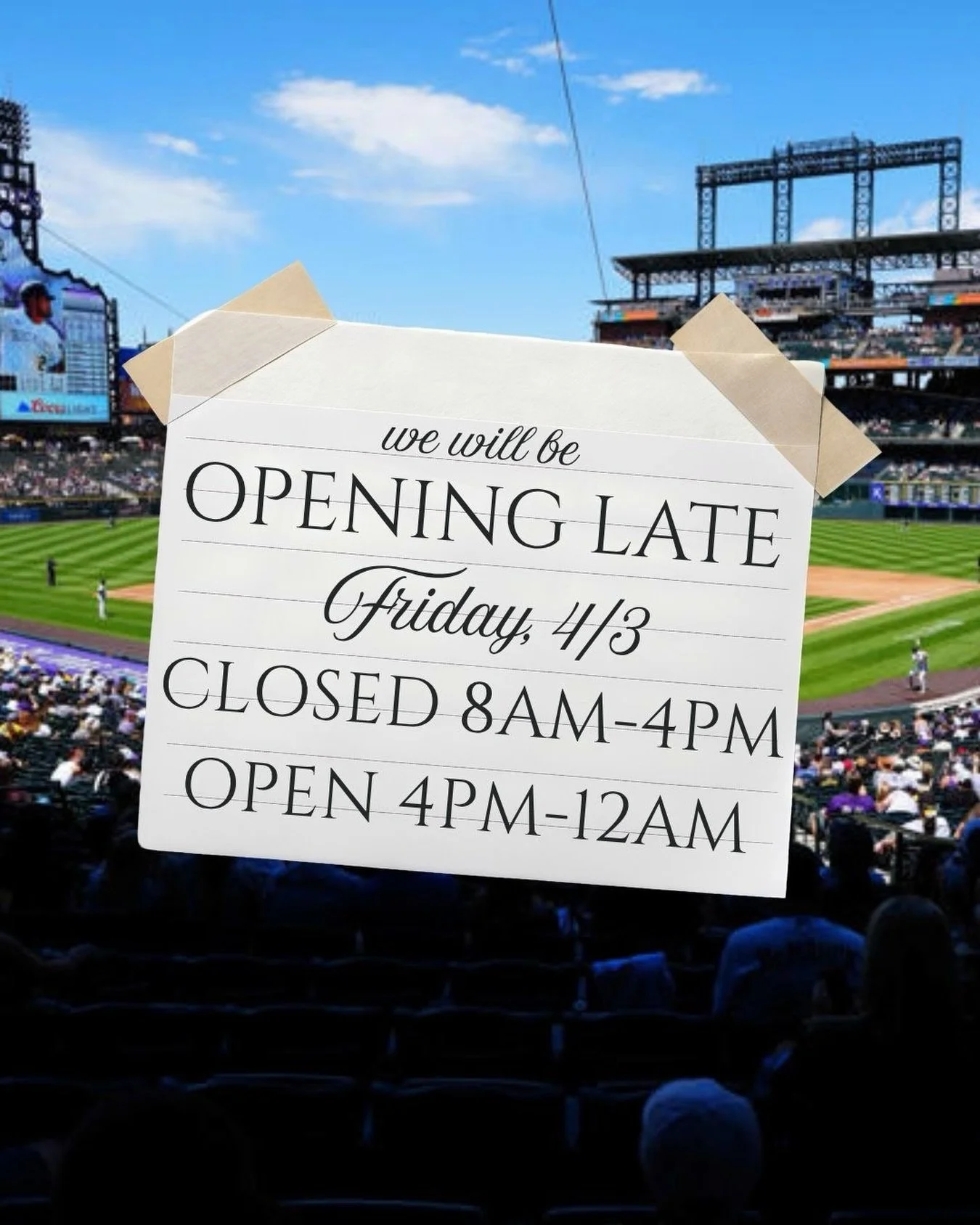 We will be closed until 4PM tomorrow for a private event. 

#closingtime #denver #denvercolorado #openingday