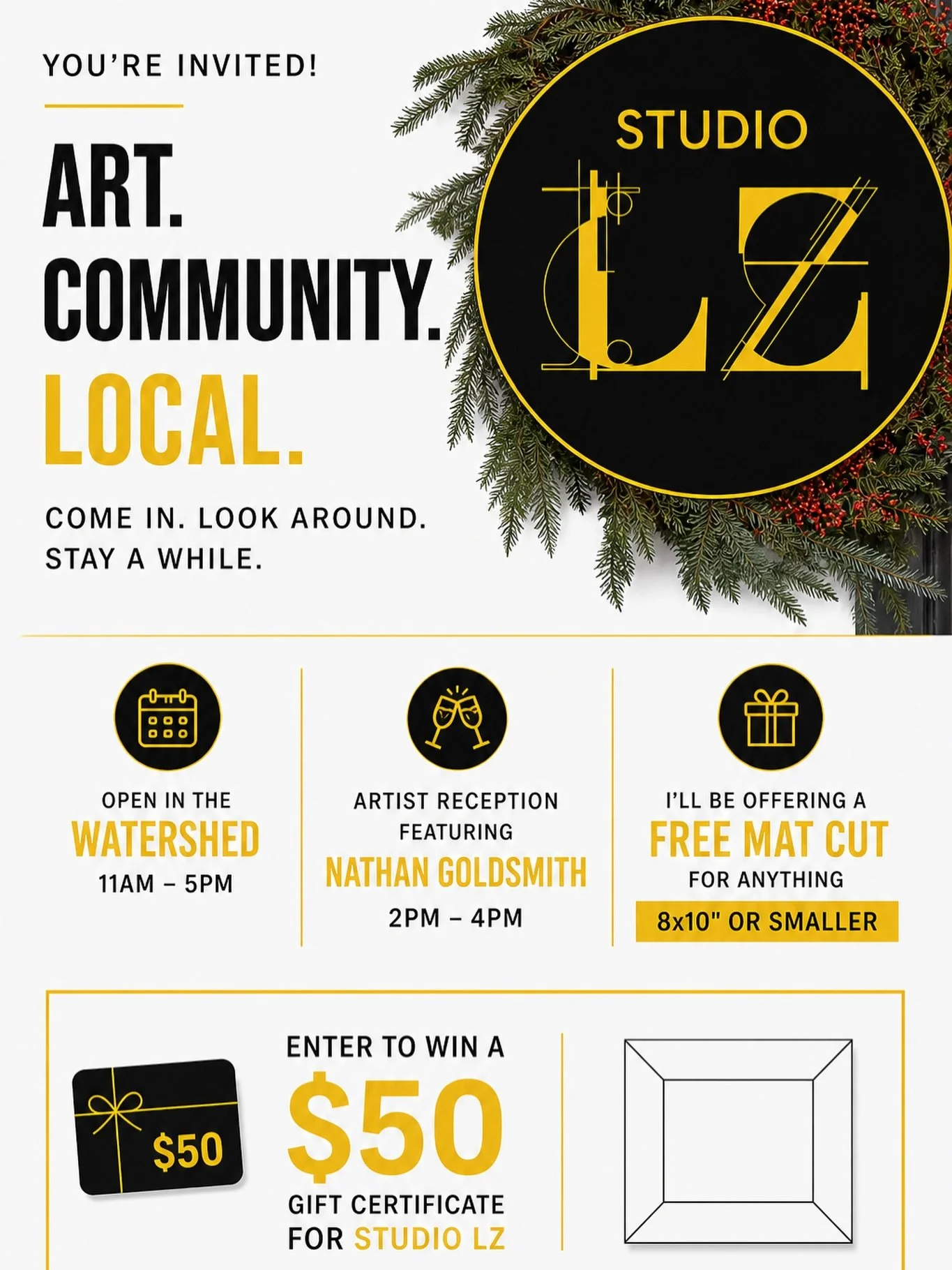Looking for weekend plans? Come experience art, community, and local creativity at Studio LZ!

They&rsquo;ll be open at The Watershed from 11AM&ndash;5PM, with an artist reception for Nathan Goldsmith from 2PM&ndash;4PM. Enjoy light snacks and drinks