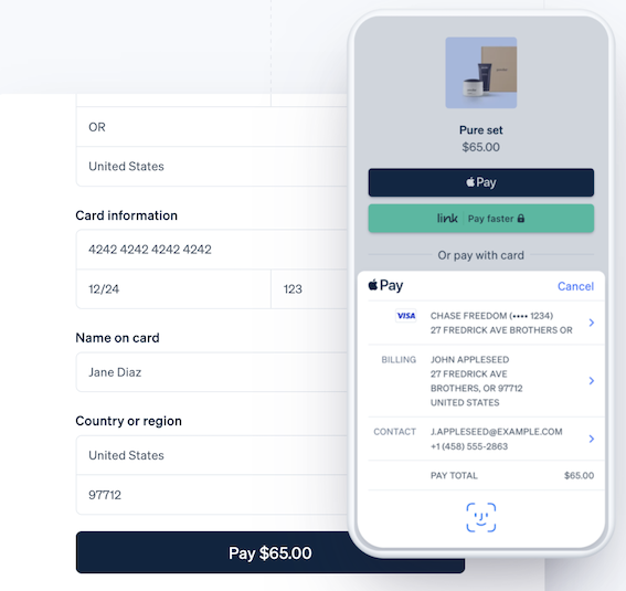 Creator checkout example showing Stripe card payments with Apple Pay and PayPal wallet options