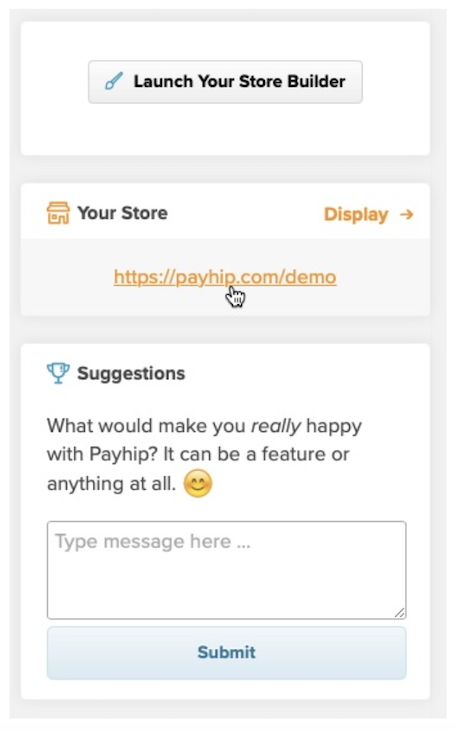 Payhip dashboard showing store builder launch button and creator storefront link