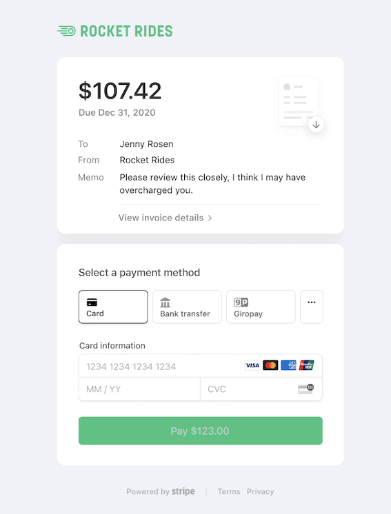 Stripe hosted invoice payment page example showing card and bank transfer options for freelancers and small businesses