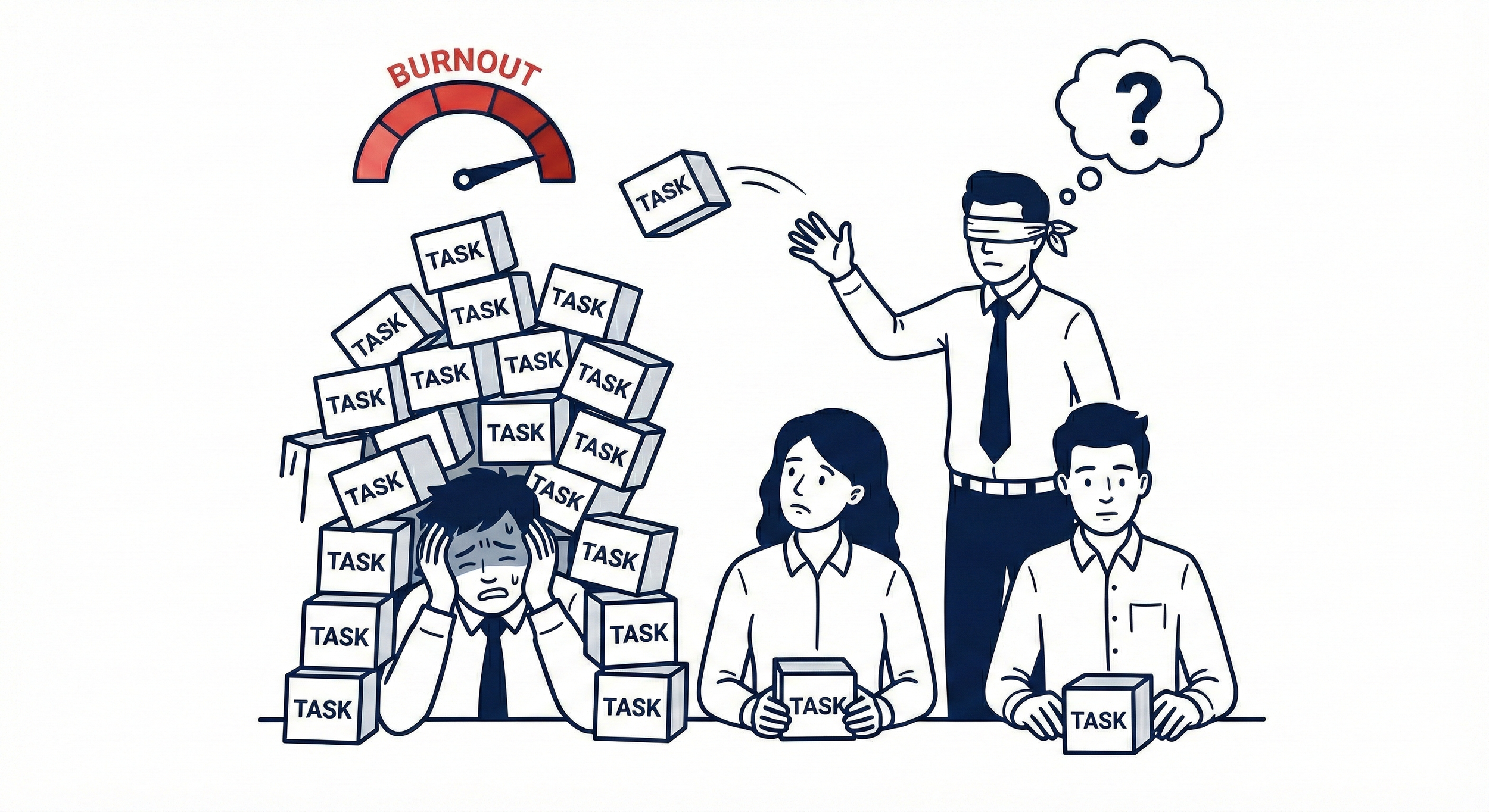 Illustration of a blindfolded manager randomly assigning tasks to an overwhelmed team. The graphic depicts the "Old Way" of guessing capacity, showing a burnout meter hitting the red zone as tasks pile up on stressed employees.