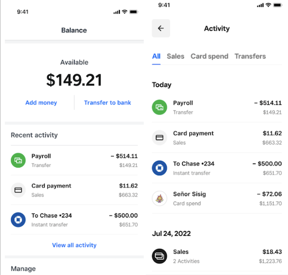 Square mobile app showing balance, card payments, and transfer activity for small businesses