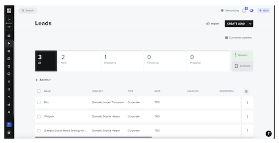 HoneyBook leads dashboard showing CRM pipeline with new leads, discovery stage, proposals, and booked clients.