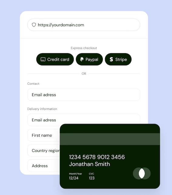 Sellfy checkout interface showing credit card, PayPal, and Stripe payment options