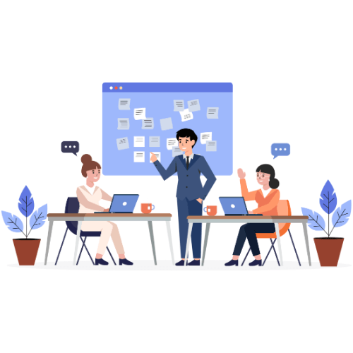 Team collaboration and project management meeting with laptops and task board illustration