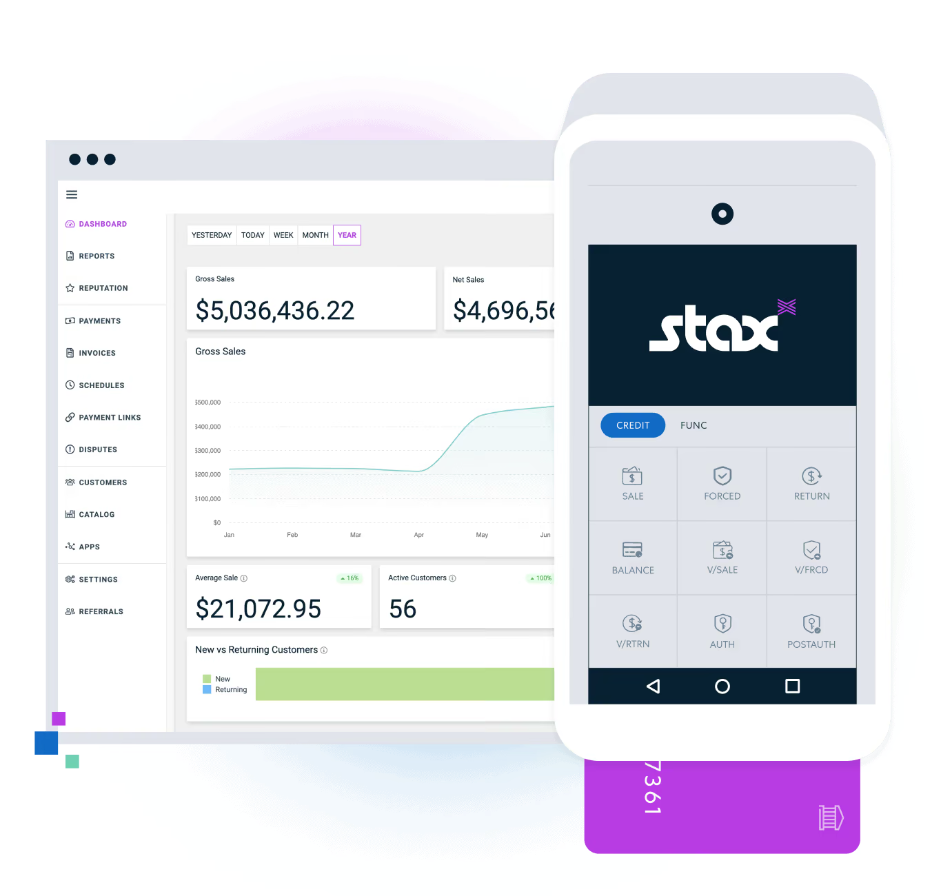 The Stax payment processing analytics dashboard on a desktop screen behind a smartphone displaying the Stax mobile app interface.