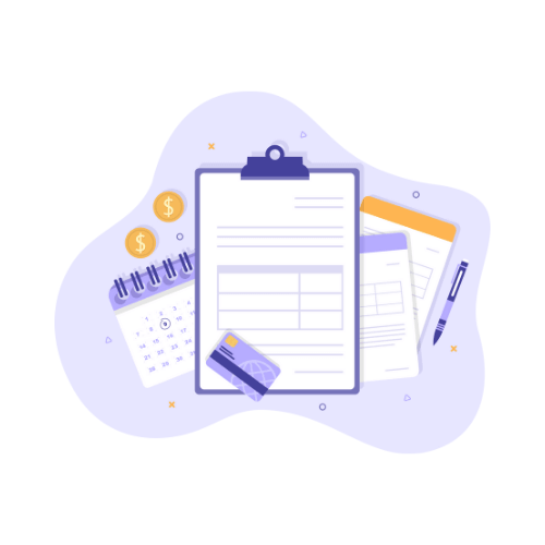An illustration showing a clipboard with an invoice, a calendar for scheduling, gold coins, and a credit card, representing small business payment management.