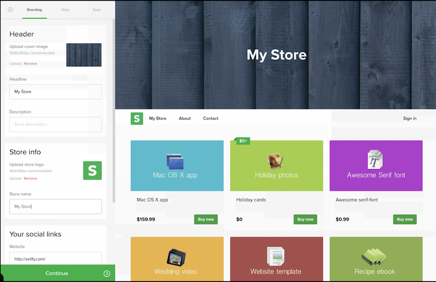 Sellfy storefront example for selling digital products