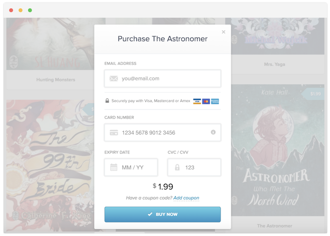Payhip checkout modal showing email field, card payment, coupon option and secure checkout
