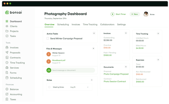 Bonsai photography dashboard showing client management, invoices, time tracking, contracts, and project tasks for a freelance photography business.