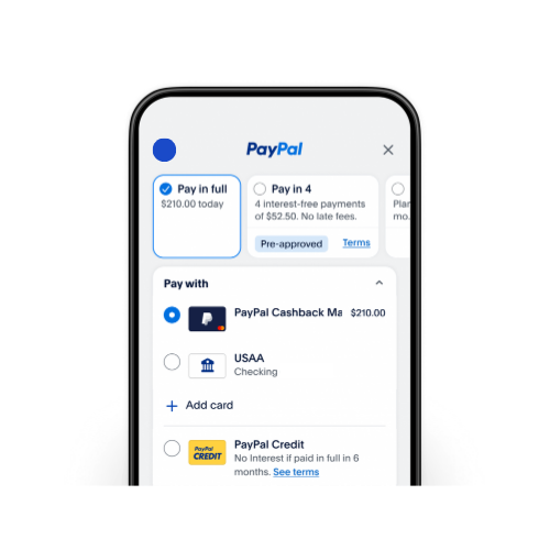 Screenshot of the PayPal mobile checkout interface showing payment options like Pay in Full, Pay in 4, and linked bank accounts.