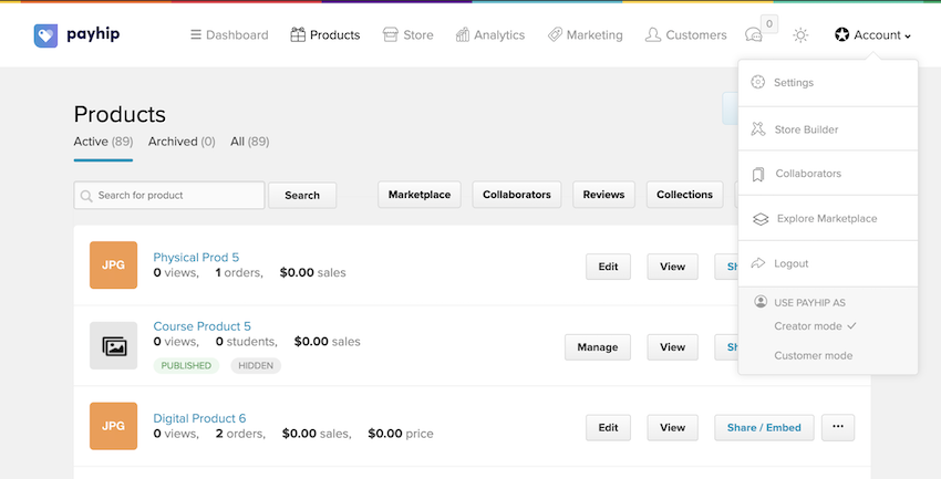 Payhip dashboard showing creator sales and earnings