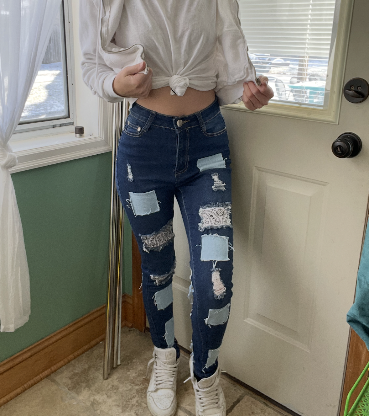 "Patchwork Rebellion" Distressed Bandana Jeans – Monochrome Blues Edition (Size 5)