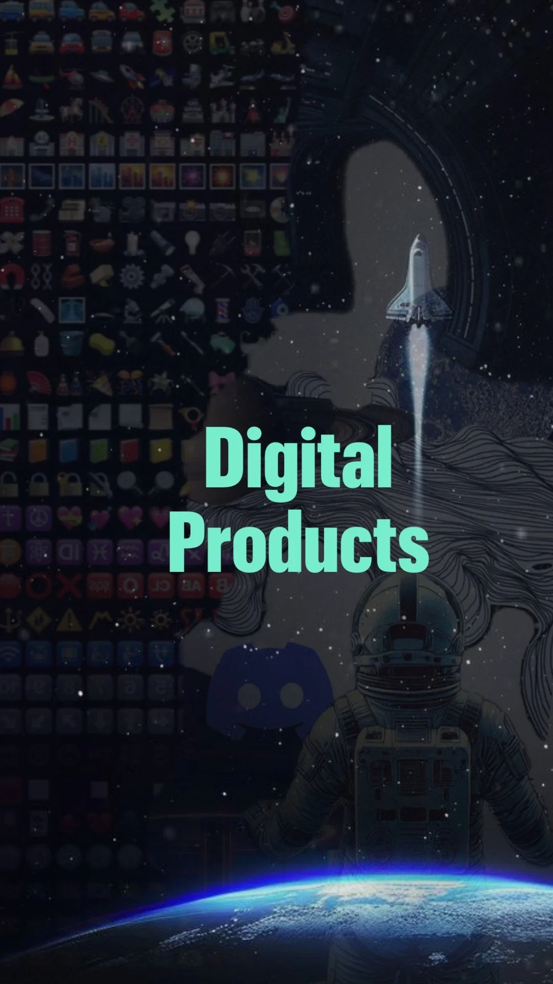 Nitronomics digital products banner featuring astronaut, rocket launch, Discord icon, and emoji grid – explore emoji packs and Discord tools in our online shop