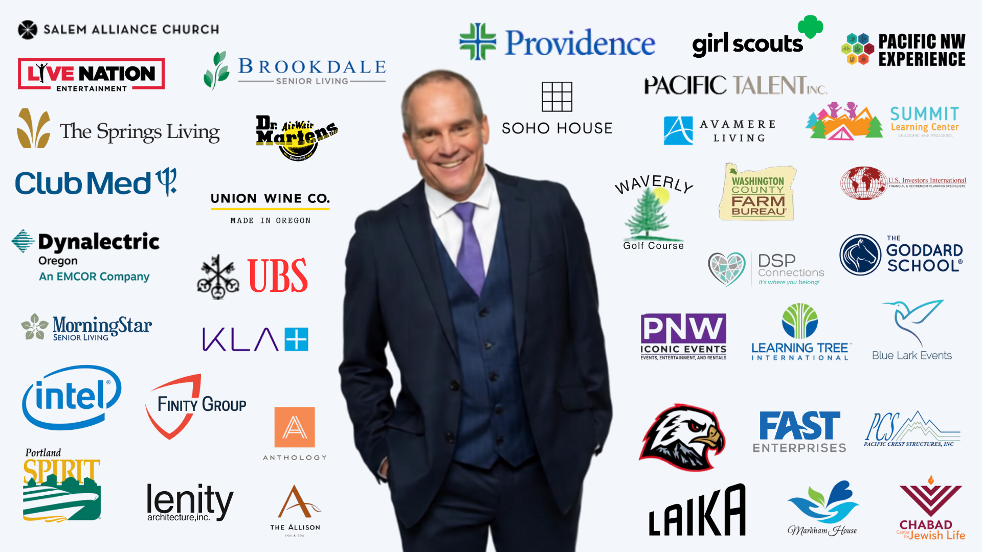 Picture of Portland magician surrounded by logos of all of the companies he has performed magic for