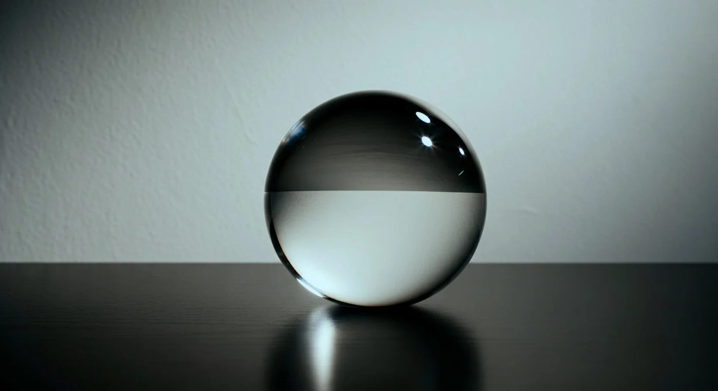 A glass marble on a black surface, reflecting light and the surrounding environment, with a textured light-colored wall in the background.