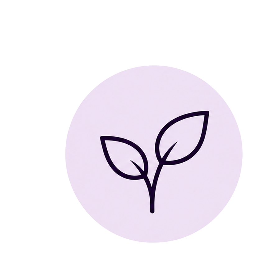 Line drawing of a small plant with two leaves inside a light purple circle.