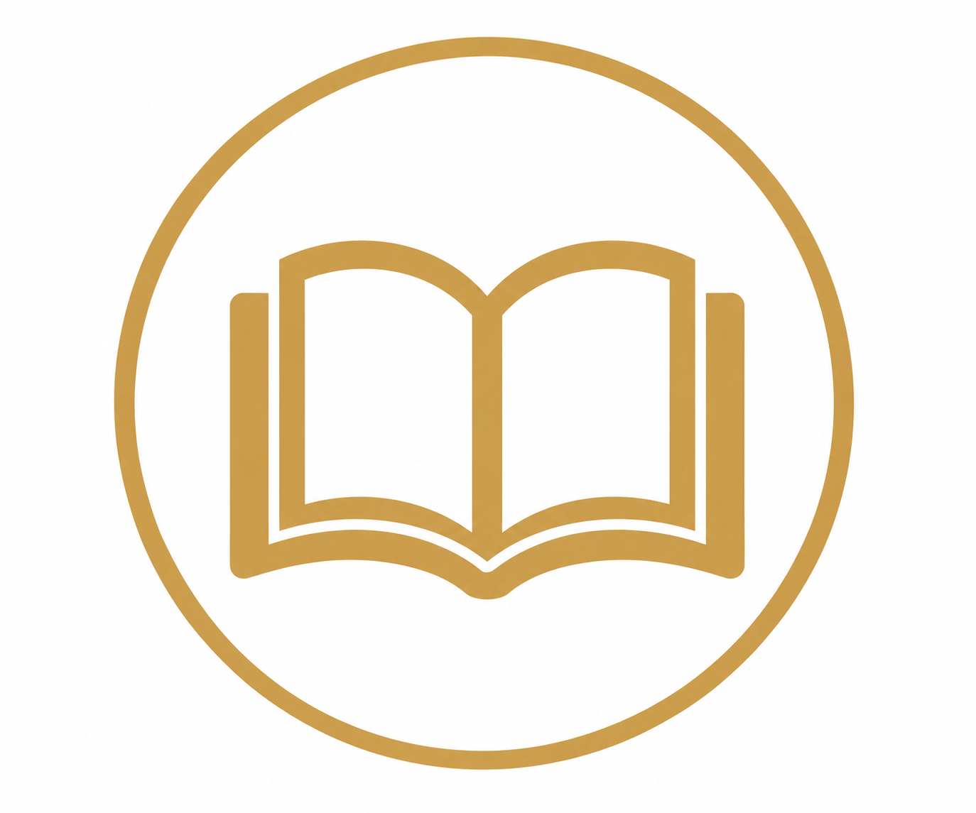 Gold outline of an open book inside a gold circle