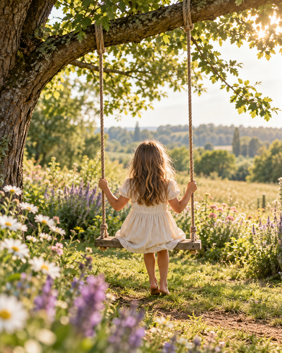 A young girl with long, wavy hair in a white dress sitting on a wooden swing hanging from a large tree, surrounded by colorful flowers in a lush garden at sunset.