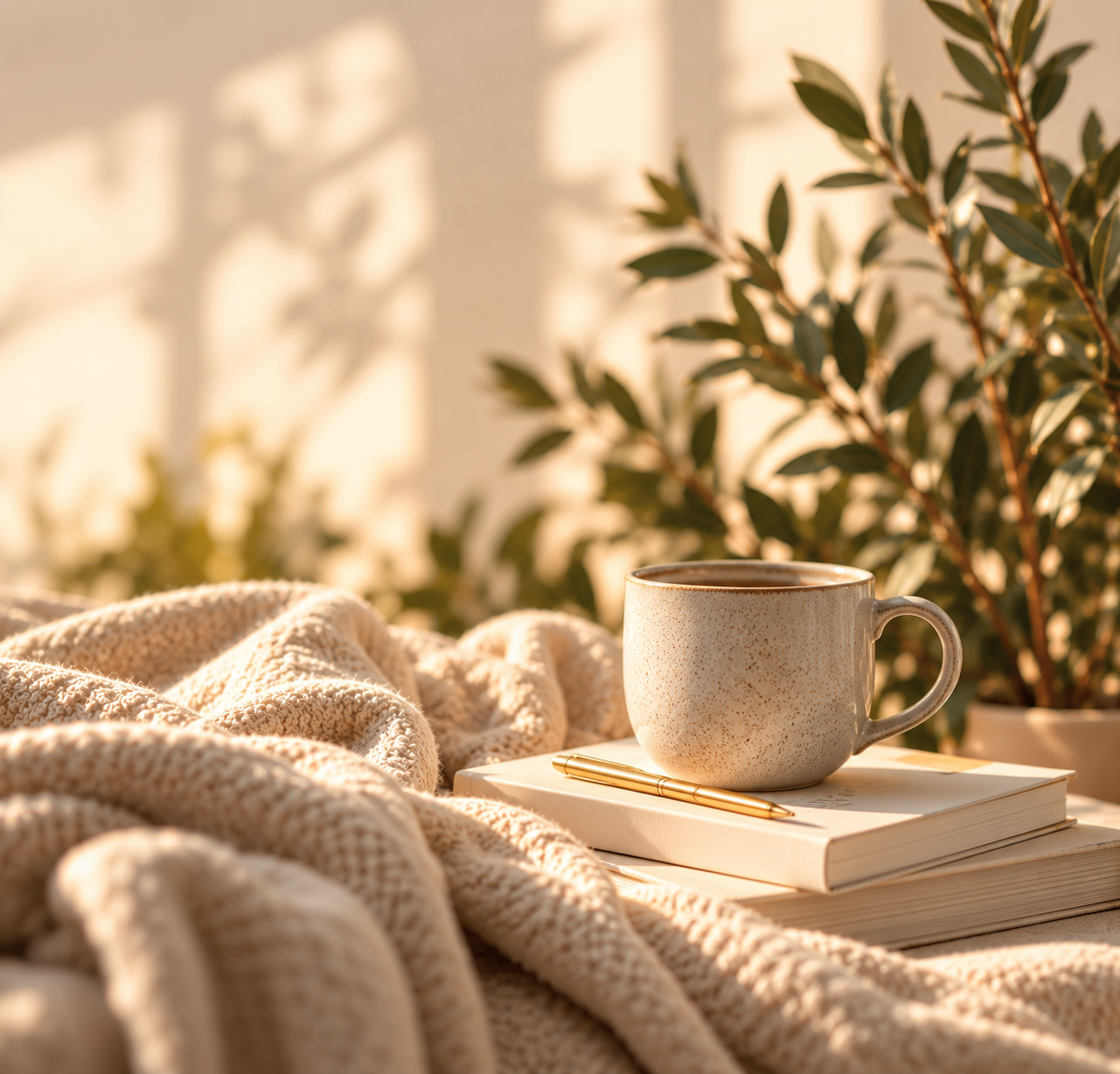 A cozy scene with a ceramic mug of coffee on top of closed books, a gold pen, and a chunky knitted blanket, with a background of leafy houseplants and warm sunlight.