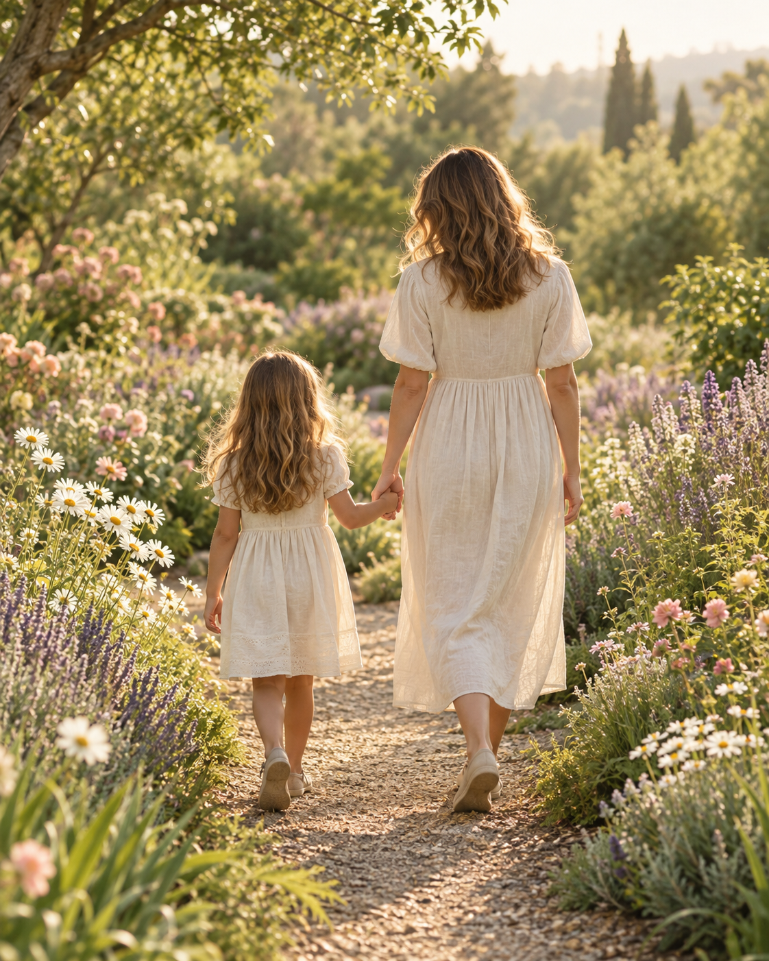 A woman and a young girl walking hand in hand along a garden path surrounded by colorful flowers, during sunset.