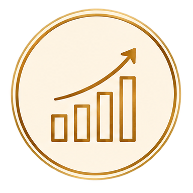 A circular icon with a rising bar graph and upward arrow indicating growth or increase.
