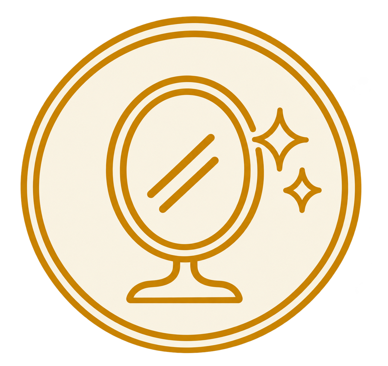 A gold medal with a mirror icon and sparkles, suggesting cleanliness or shining.