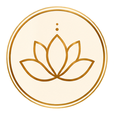 A minimalist logo of a stylized lotus flower inside a gold circular border.