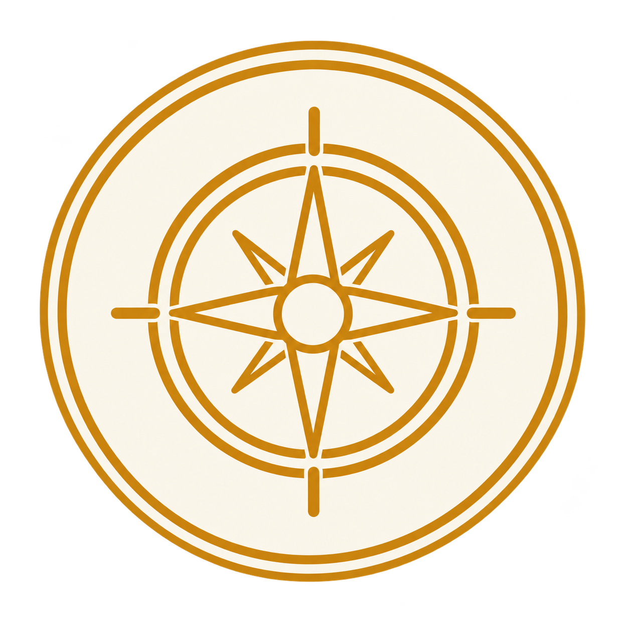 A round beige coaster with gold brown nautical compass rose design in the center.