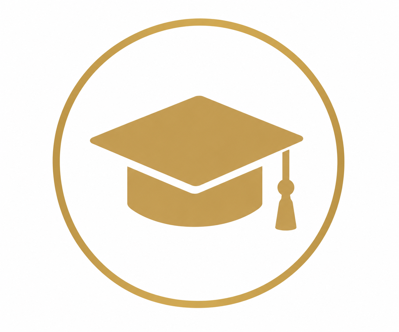 Gold icon of a graduation cap with a tassel inside a circular border.