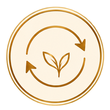 Circular emblem with a plant inside and arrows forming a continuous cycle around it.