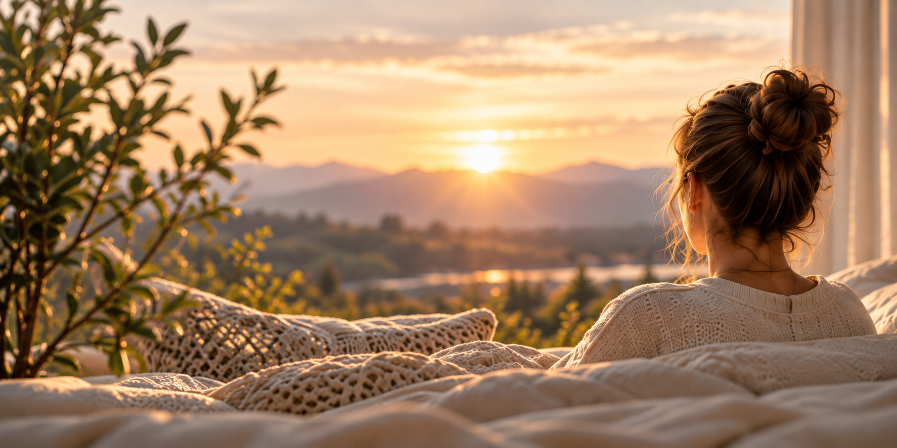 A woman with a bun hairstyle looking out a window at sunrise over mountains and trees, with a bed and pillows in the foreground.