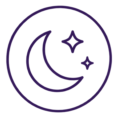 Icon of a crescent moon and two stars inside a circle, representing night or sleep.